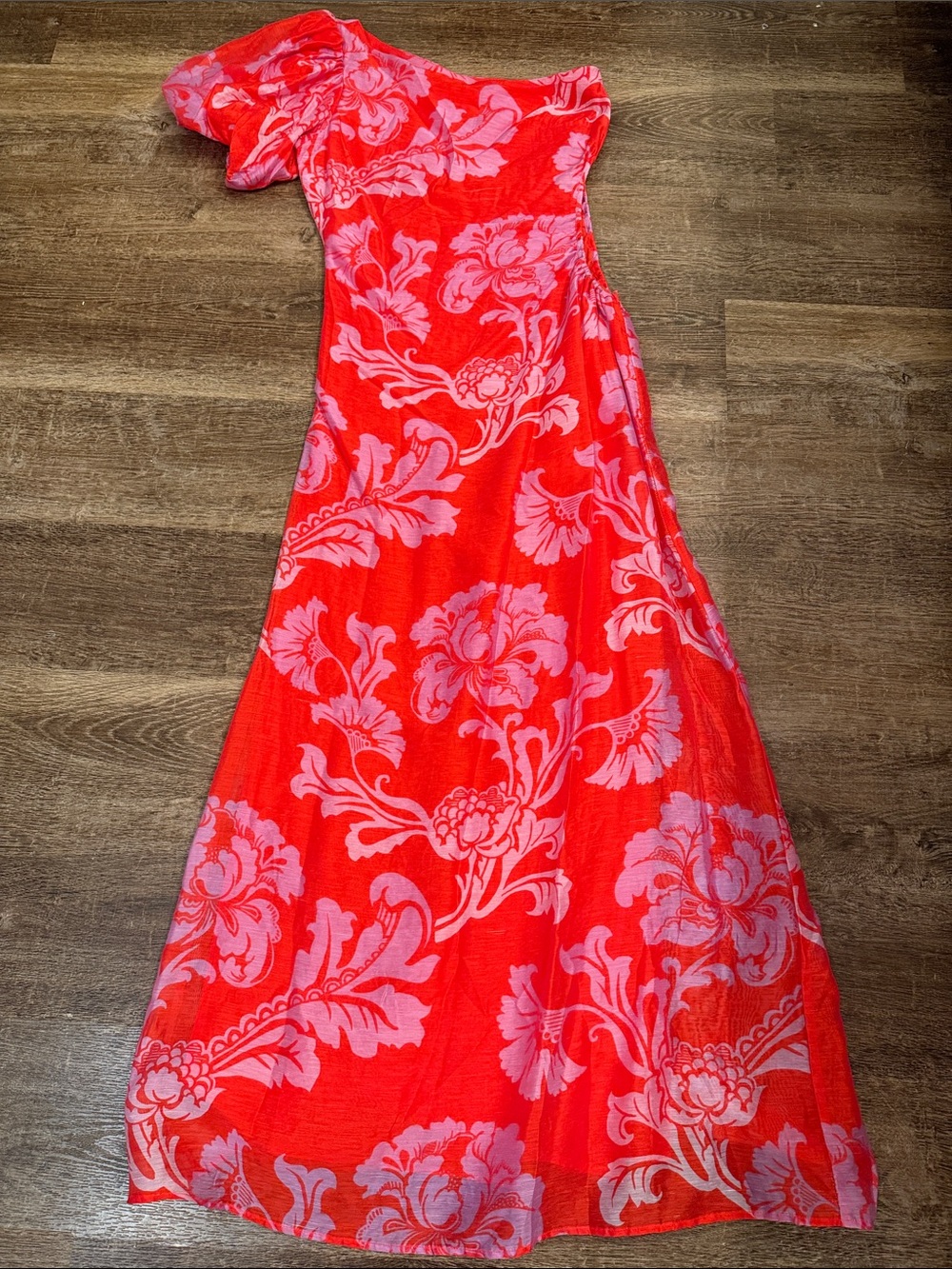 Kivari One-Shoulder Red Dress with Pink Floral Motif